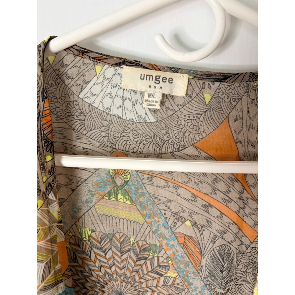 Umgee USA Boho Peacock Print Pom Pom Trim Kimono Cardigan Orange Tan M/L A9147 - Picture 3 of 5